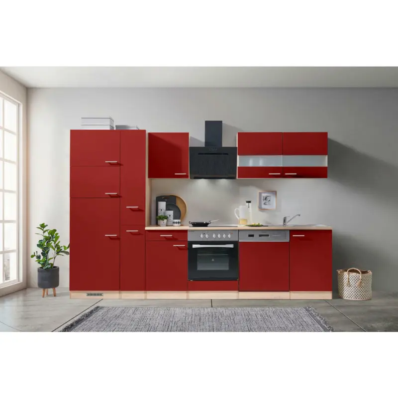 Küchenblock 310 cm in Rot, Eichefarben