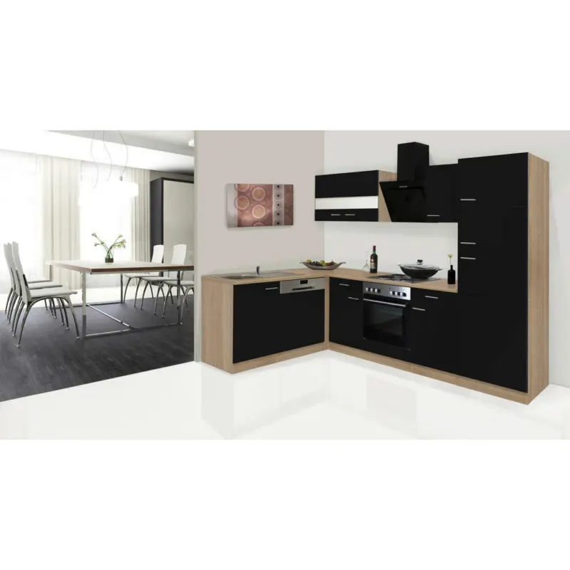 Eckküche 172/280 cm in Schwarz, Eichefarben