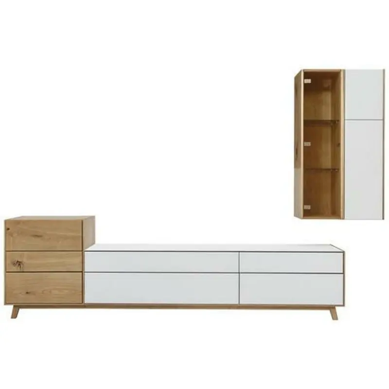 Wohnwand 295/197/50 cm in Klar, Weiß, Eichefarben