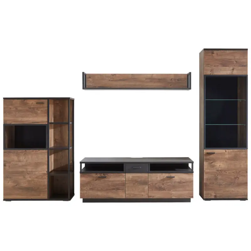 Wohnwand 319,5/206,2/50 cm in Grau, Eichefarben