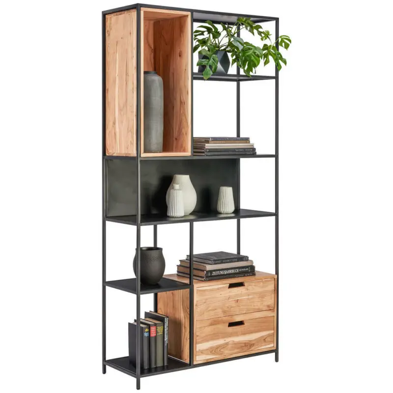 Regal 90/185/34 cm Schwarz, Akaziefarben