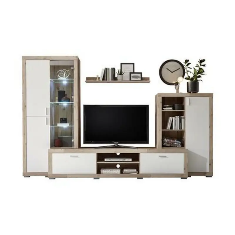 Wohnwand 310/198/51 cm in Weiß, Eichefarben