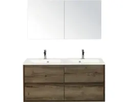 Badmöbel-Set Sanox Porto Mineralguss 170x120,5x50,5 cm Doppel-Mineralgusswaschbecken 4 Schubladen tabacco mit Spiegelschrank