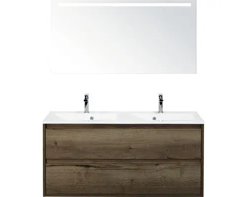 Badmöbel-Set Sanox Porto Mineralguss 170x120,5x50,5 cm Doppel-Mineralgusswaschbecken tabacco mit LED-Beleuchtung