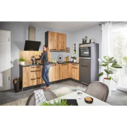 Eckküche 275/165 cm in Graphitfarben, Grau, Eichefarben, Honig