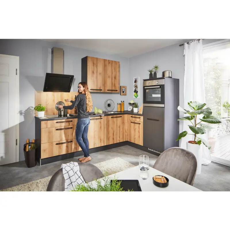 Eckküche 275/165 cm in Graphitfarben, Grau, Eichefarben, Honig