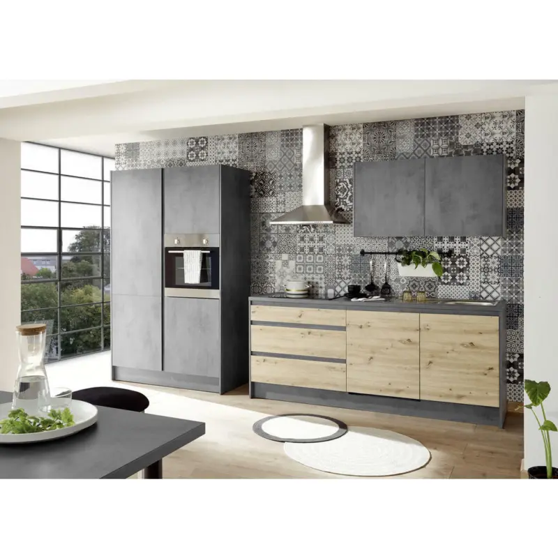 Küchenblock 337 cm in Anthrazit, Eichefarben