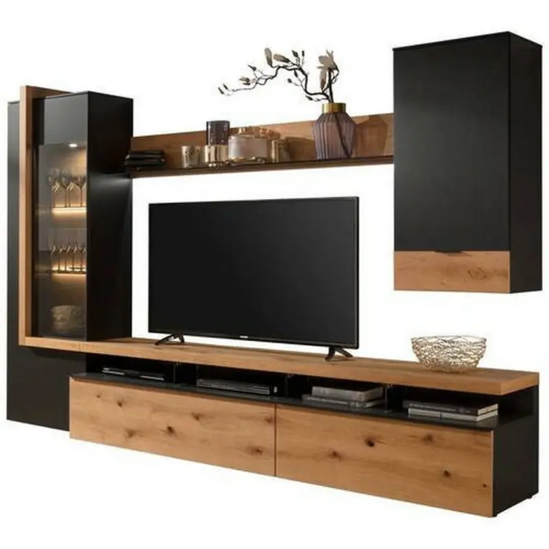 Wohnwand 293/204/56 cm in Anthrazit, Eichefarben