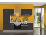Hornbach Küchenblock Optifit Faro anthrazit matt/Akazie-Dekor 270 cm inkl. Einbaugeräte mit Glaskeramik-Kochfeld und Einbaukühlschrank