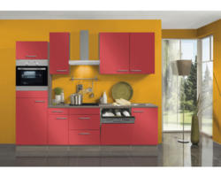 Küchenblock Optifit Imola rot glänzend/Nachbildung Eiche 270 cm inkl. Einbaugeräte mit Glaskeramik-Kochfeld und Backofen im Hochschrank