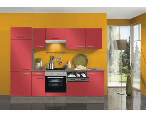 Küchenblock Optifit Imola rot glänzend/Nachbildung Eiche 270 cm inkl. Einbaugeräte ohne Kaminschacht