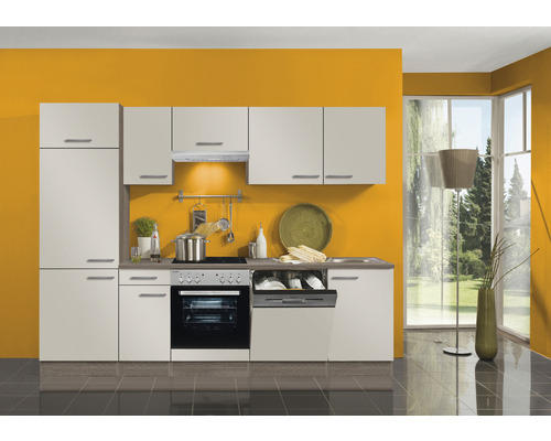 Küchenblock Optifit Arta beige glänzend/Nachbildung Eiche 270 cm inkl. Elektrogeräte ohne Kaminschacht