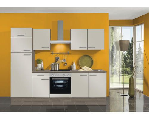 Küchenblock Optifit Arta beige glänzend/Nachbildung Eiche 270 cm inkl. Elektrogeräte ohne Geschirrspüler