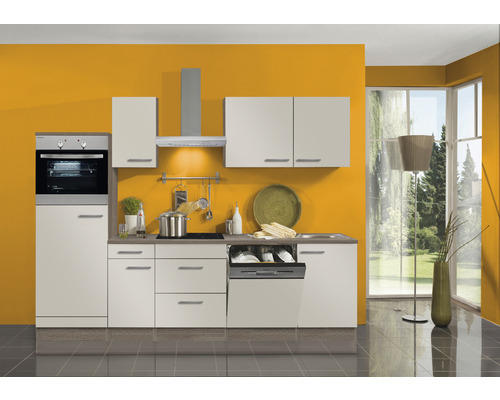 Küchenblock Optifit Arta beige glänzend/Nachbildung Eiche 270 cm inkl. Elektrogeräte mit Backofen im Midischrank