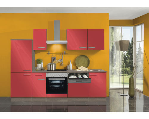 Küchenblock Optifit Imola rot glänzend/Nachbildung Eiche 270 cm inkl. Einbaugeräte mit Einbaukühlschrank und Geschirrspüler