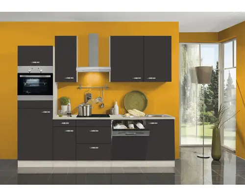 Küchenblock Optifit Faro anthrazit matt/Akazie-Dekor 270 cm inkl. Einbaugeräte mit Backofen im Hochschrank