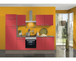 Küchenblock Optifit Imola rot glänzend/Nachbildung Eiche 270 cm inkl. Einbaugeräte mit Glaskeramik-Kochfeld