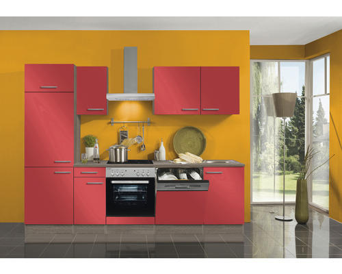 Küchenblock Optifit Imola rot glänzend/Nachbildung Eiche 270 cm inkl. Einbaugeräte mit Kaminschacht