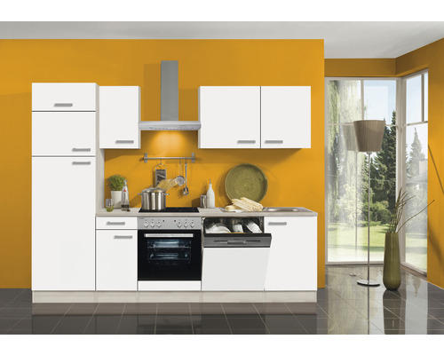 Küchenblock Optifit Genf weiß matt/Akazie Dekor 270 cm inkl. Einbaugeräte mit Glaskeramik-Kochfeld und Kühl- und Gefrierkombi