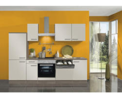Küchenblock Optifit Arta beige glänzend/Nachbildung Eiche 270 cm inkl. Elektrogeräte mit Kühlschrank im Midischrank