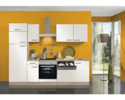 Küchenblock Optifit Dakar weiß glänzend/Nachbildung Eiche hell 270 cm inkl. Elektrogeräte mit Kühl- und Gefrierkomi und Geschirrspüler