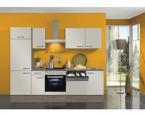 Küchenblock Optifit Arta beige glänzend/Nachbildung Eiche 270 cm inkl. Elektrogeräte mit Kühlschrank im Hochschrank