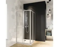 Eckeinstieg mit Schiebetür Breuer Fara 800-900x1850 mm Echtglas Klar hell silber