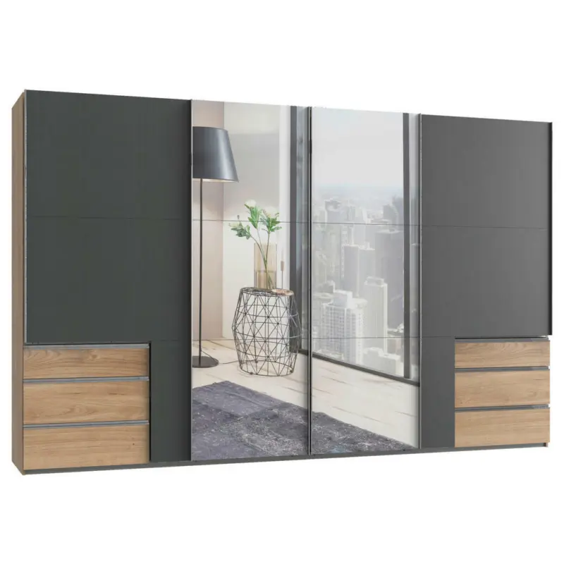 Schwebetürenschrank in Graphitfarben, Eichefarben