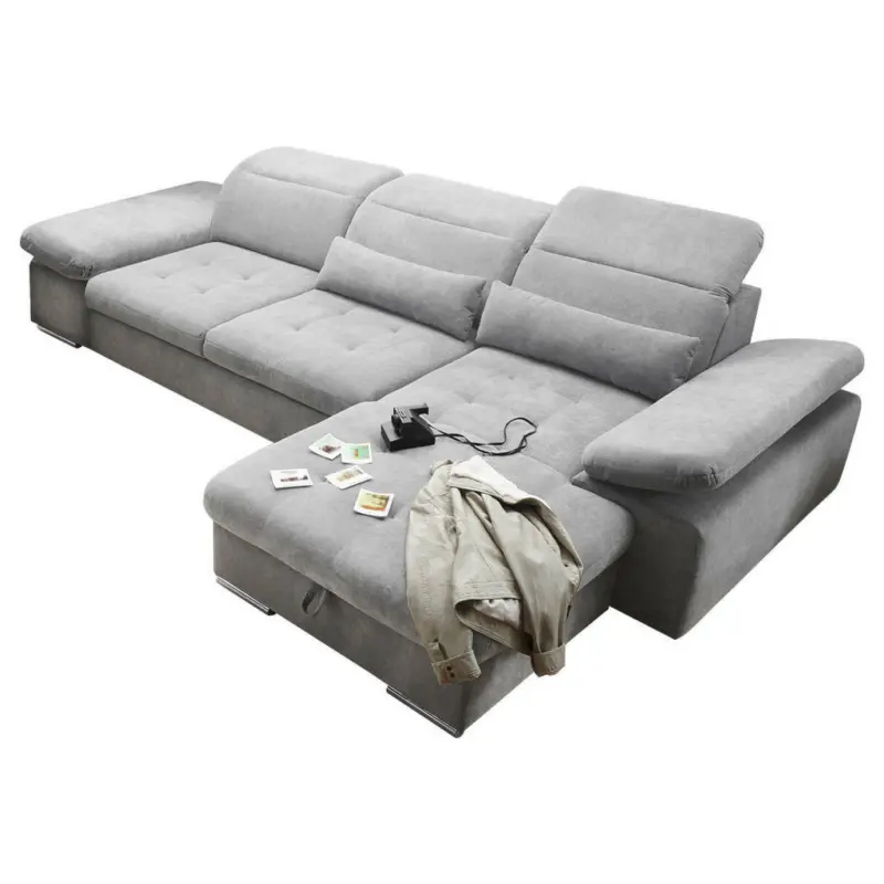 Ecksofa in Mikrovelours Silberfarben