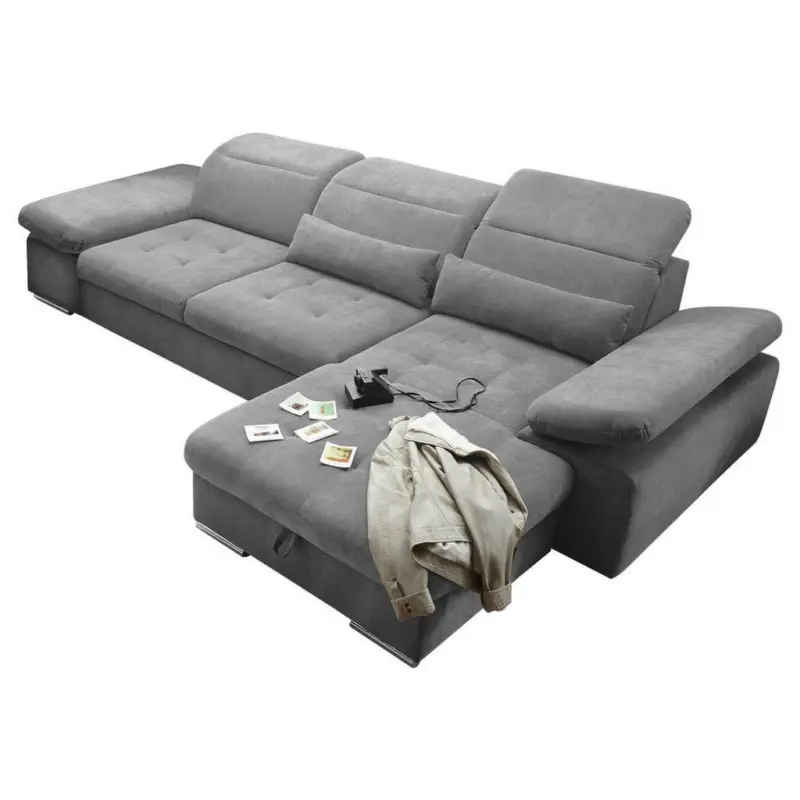 Ecksofa in Velours, Mikrofaser Dunkelgrau