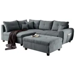 Ecksofa inkl. Hocker in Mikrovelours Anthrazit