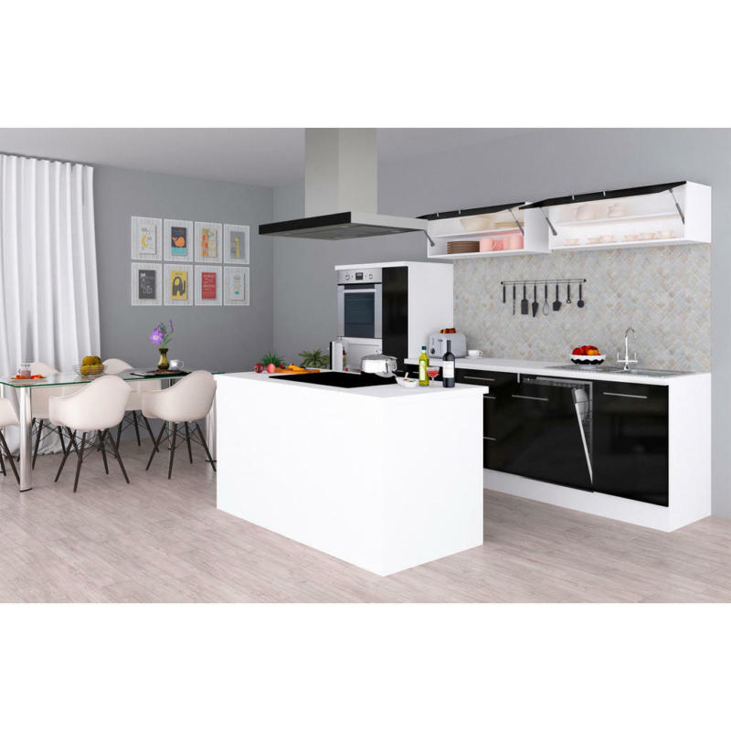 Küchenblock 310/160 cm in Weiß, Schwarz Hochglanz