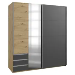 Schwebetürenschrank in Graphitfarben, Eichefarben