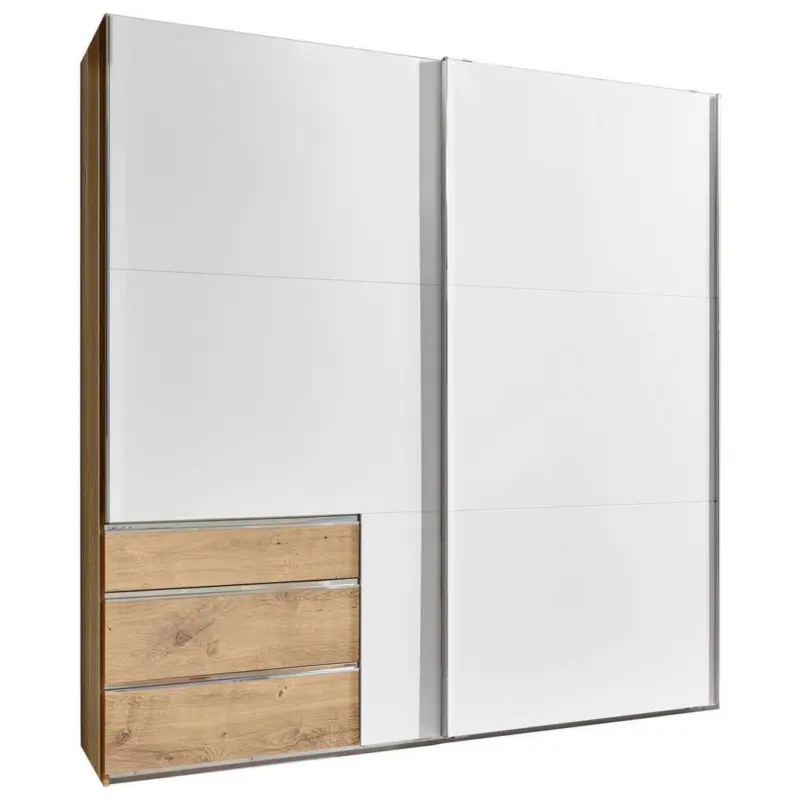 Schwebetürenschrank in Weiß, Eichefarben