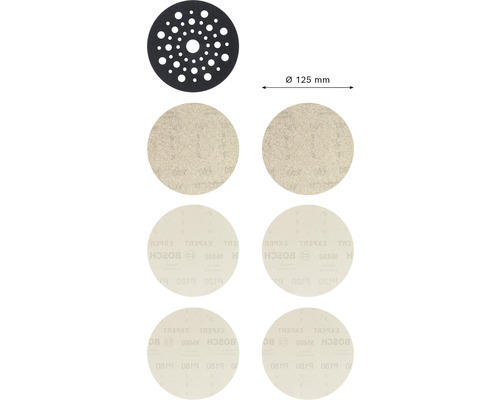Schleifblatt für Exzenterschleifer Bosch, Ø125 mm, Korn 80/120/180, Ungelocht, 7 Stück