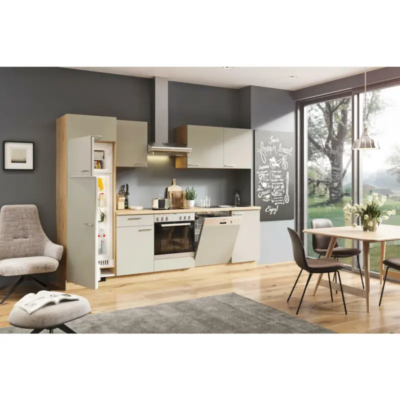 Küchenblock 280 cm in Eichefarben, Hellgrau