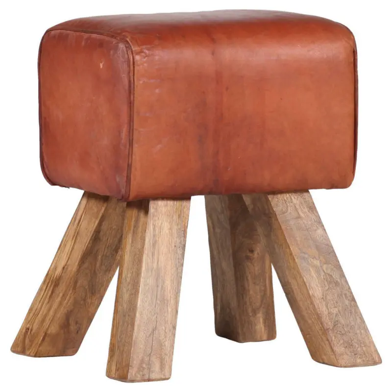 Hocker in Holz, Leder Braun
