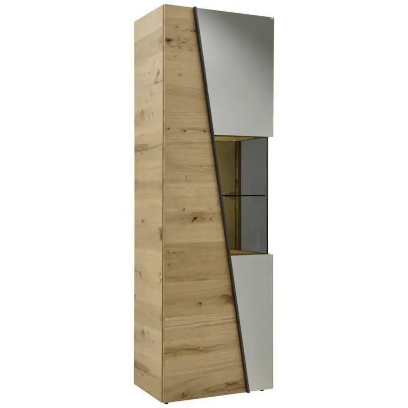 Vitrine in furniert, mehrschichtige Massivholzplatte (Tischlerplatte) Wildeiche Eichefarben, Hellgrau