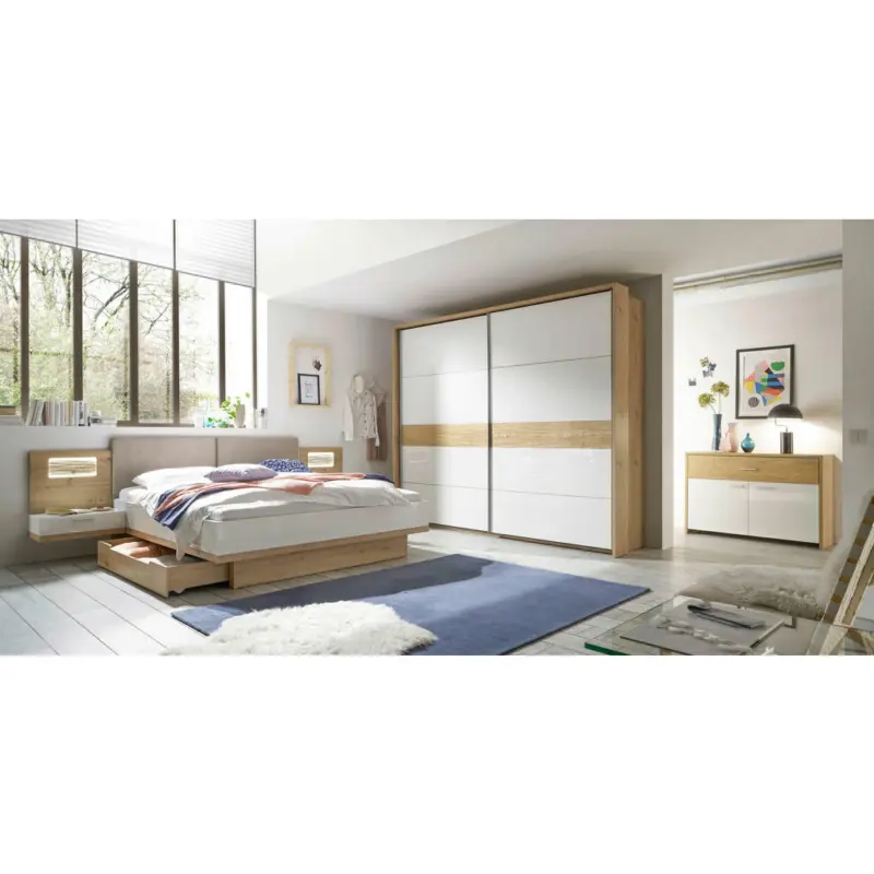 Bettanlage 180/200 cm in Wei&szlig;, Eichefarben, Beige