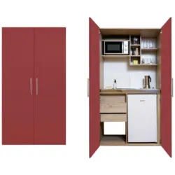 Schrankküche in Rot, Eichefarben