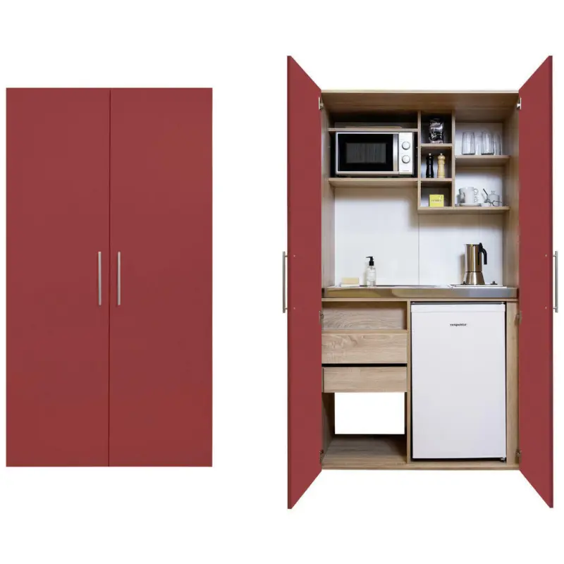 Schrankküche in Rot, Eichefarben