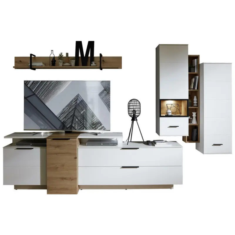 Wohnwand 320/199/50 cm in Wei&szlig;, Eichefarben