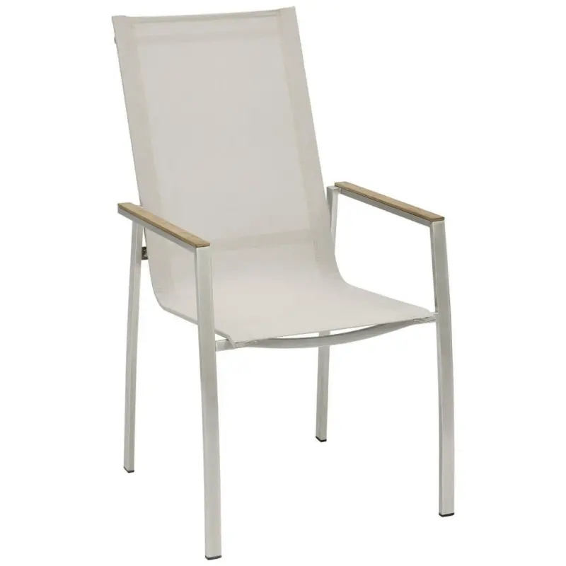 Stapelsessel in Holz, Metall, Textil Taupe, Edelstahlfarben