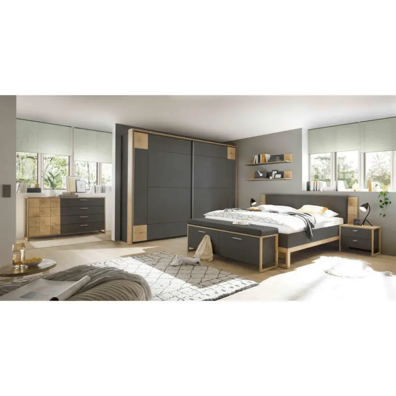 Bettanlage 180/200 cm in Graphitfarben, Eichefarben