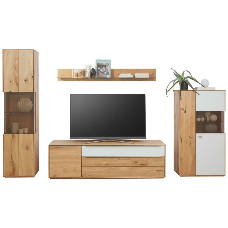 Wohnwand 330/204/50 cm in Weiß, Eichefarben