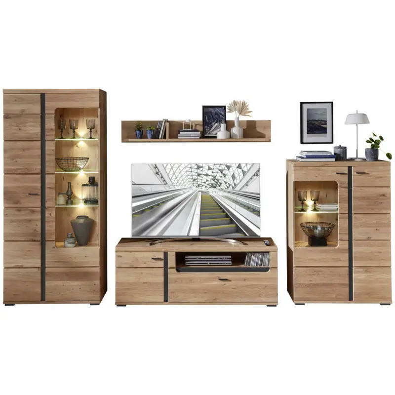 Wohnwand 360/203/43 cm in Schwarz, Eiche Artisan