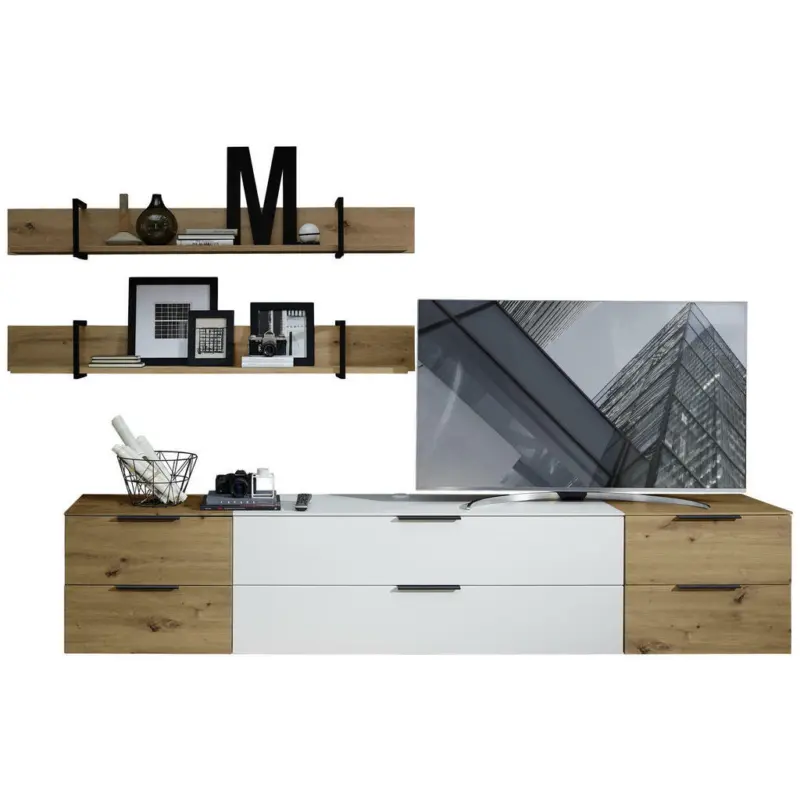 Wohnwand 290/172/44 cm in Wei&szlig;, Eichefarben