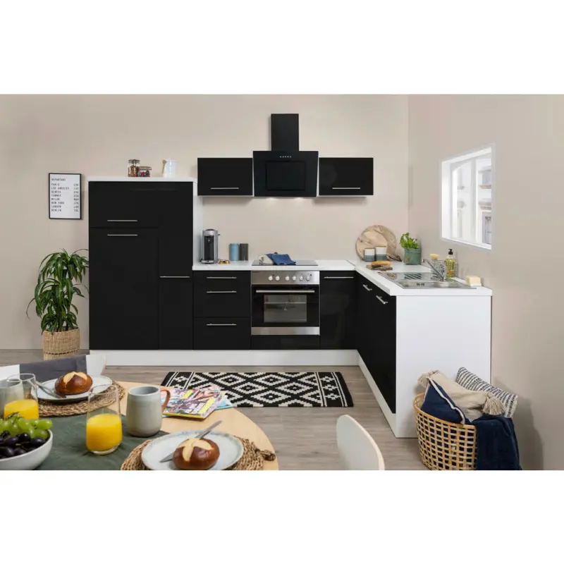 Eckküche 290/200 cm in Schwarz, Weiß