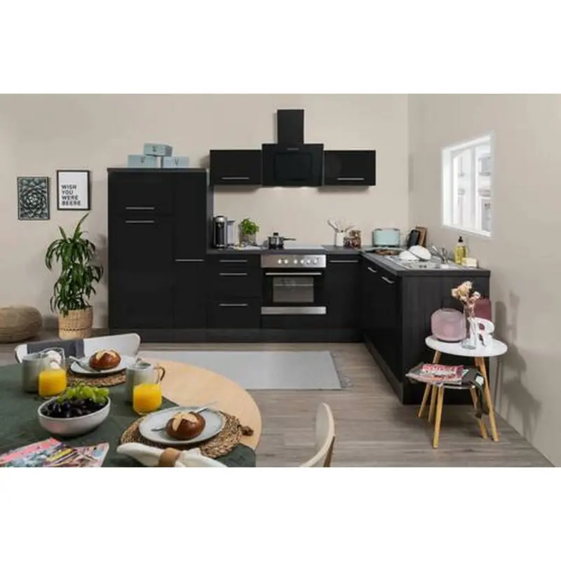 Eckküche 290/200 cm in Schwarz, Eichefarben