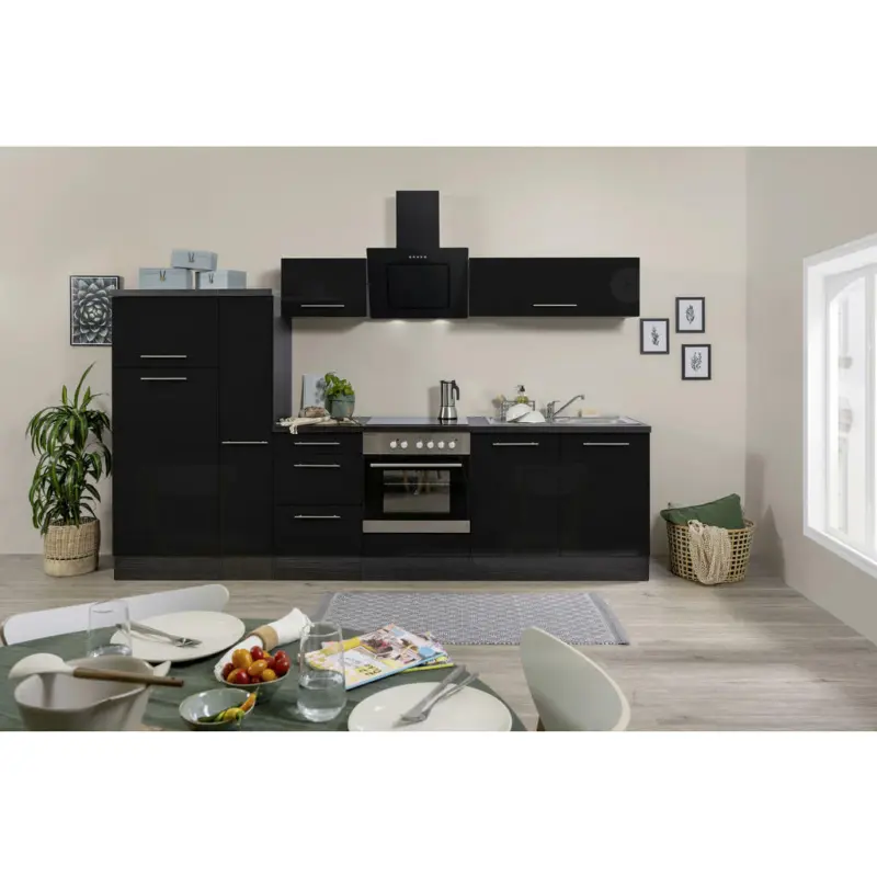 Küchenblock 300 cm in Schwarz, Eichefarben